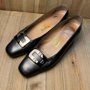 Vintage Salvatore‎ Ferragamo Silver Metallic Low Square Heel Buckle Loafer sz 7